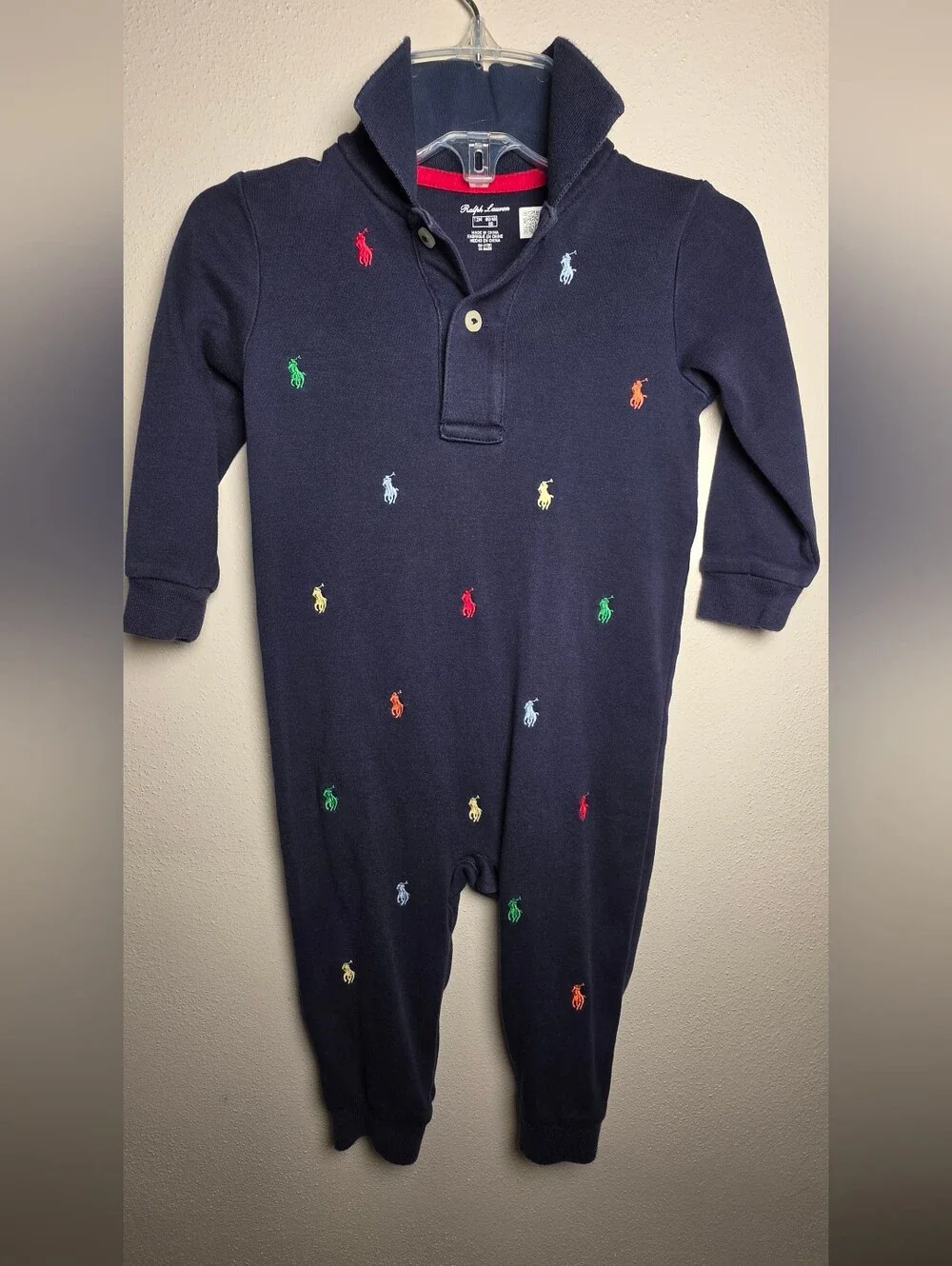 Ralph Lauren Navy Multicolor Embroidered Polo One-Piece for Kids